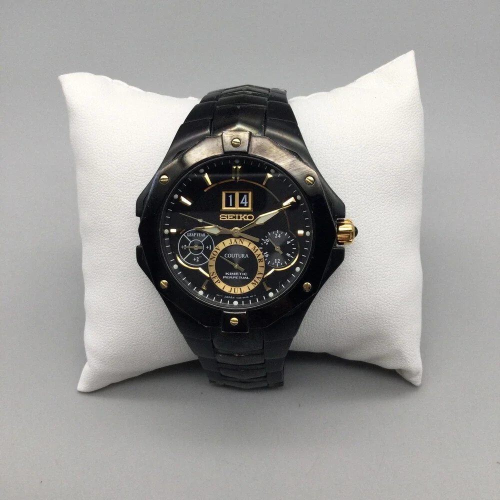 Seiko Coutura Mens Watch 41mm Black Stainless 7D46-0AC0 Kinetic Perpetual 7.25